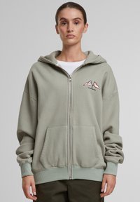 Jasnozielony hoodie na zamek wykonany z miękkiego materiału, z przednią kieszenią, ribbrowanymi mankietami oraz kapturem z haftowanym wzorem góry.