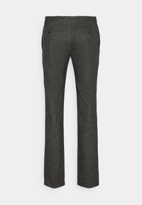 Grijze op maat gemaakte broek met een gemêleerde stof, rechte pijpen, twee achterzakken en subtiele stikseldetails.