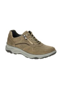 Beige suede sneaker with textured design, lace-up front, and side zipper. Features a lightweight gray outsole with a curved shape.