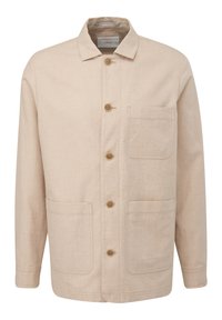 Jasno beżowa bawełniana kurtka z kołnierzykiem, zapinana na guziki z przodu, posiadająca dwie przednie kieszenie oraz subtelną teksturowaną powierzchnię.