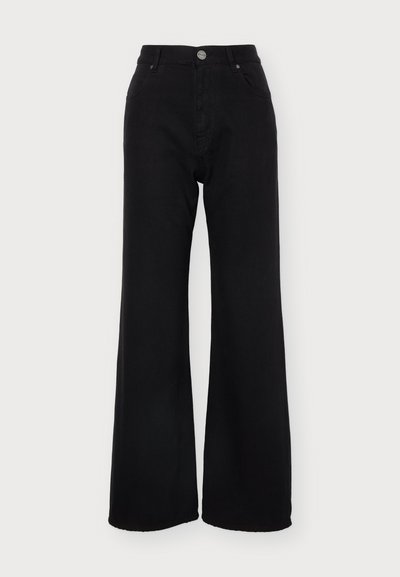 Pantalon noir taille haute avec fermeture à bouton, poches avant et jambes larges et évasées, présenté sur un fond uni.
