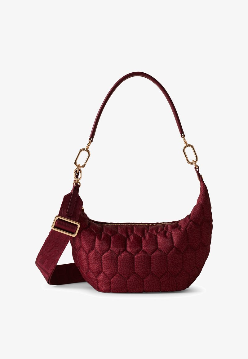 Burgundy hexagon-patterned shoulder bag with a smooth texture, gold-tone hardware, and an adjustable strap. Zippered closure at the top.