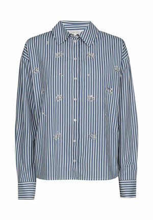Chemise à rayures boutonnée en coton bleu et blanc avec broderie florale, manches longues et col classique. Présente une coupe décontractée.