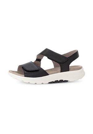 Schwarze Leder-Sandalen mit verstellbaren Klettverschlüssen, offenes Zehendesign und einer gepolsterten weißen Sohle für Komfort. Texturiertes Obermaterial.