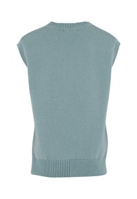 Ærmeløs sweater i blødt, lysblåt strik. Har en ribbet halsudskæring og kant, glat tekstur og en afslappet pasform bagpå.