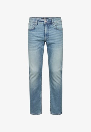 Jeans de mezclilla rectos de color azul claro con detalles desgastados, cierre delantero de botón y cremallera, y diseño de cinco bolsillos.