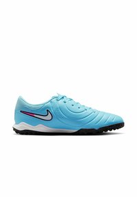 Blue synthetic soccer shoes with a textured surface, black rubber outsole, and a white and pink Nike logo on the side.