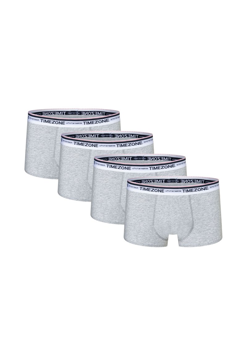 Graue Baumwoll-Boxershorts im Fünferpack, mit einem marineblauen elastischen Bund, auf dem "TIMEZONE" in Weiß gedruckt ist. Glatte Textur und enganliegendes Design.