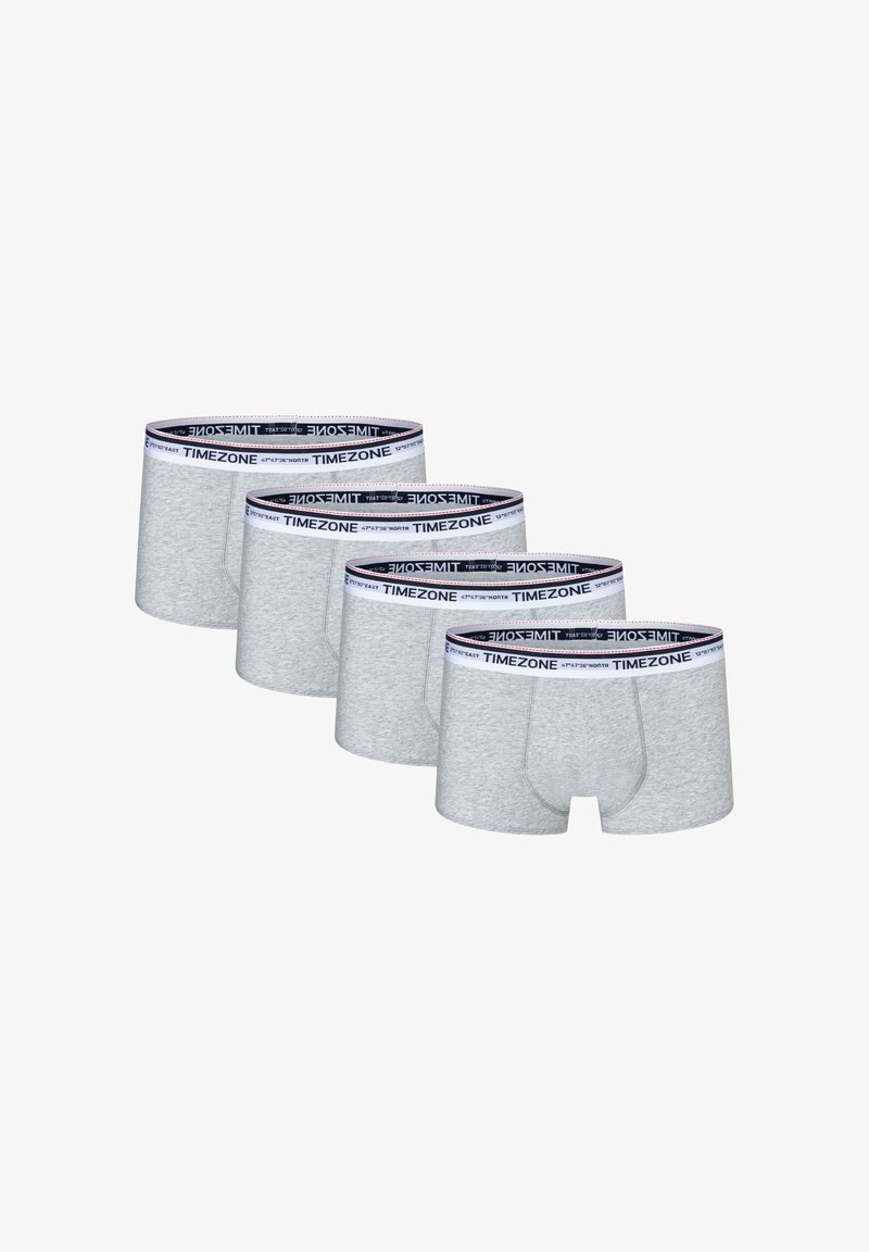Graue Baumwoll-Boxershorts im Fünferpack, mit einem marineblauen elastischen Bund, auf dem "TIMEZONE" in Weiß gedruckt ist. Glatte Textur und enganliegendes Design.