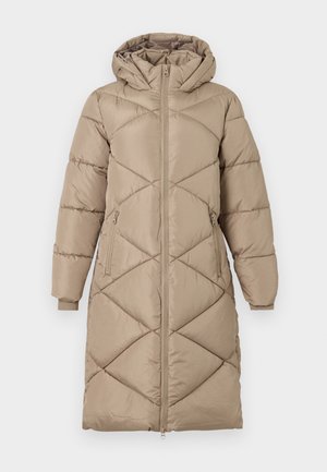 Lungo cappotto imbottito beige a quadrati con cappuccio, zip centrale completa, due tasche laterali con zip e polsini a coste.