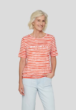 Striped short-sleeve T-shirt in coral and white, featuring a round neckline and a decorative pattern along the chest. Casual fit.
