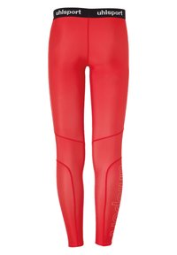Røde atletiske leggings med en sort elastisk talje, der har "uhlsport" tekst, glat tekstur og buede sømdetaljer.