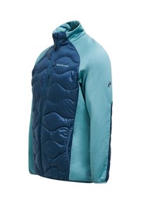 Polstret jakke i mørkeblå og teal. Har lynlås foran, høj krave og ribbede manchetter. Inkluderer en glat, blank tekstur med bølger i polstringen.