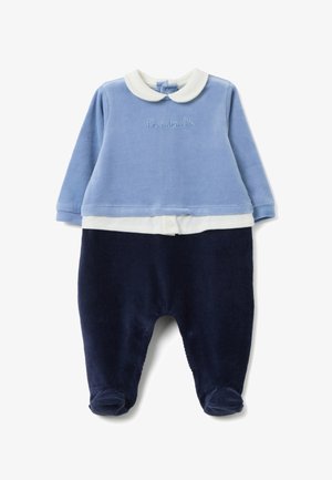 Blau-weiß gestreifter Langarm-Strampler mit weichem Kragen, auf dem der Text "Ich bin bezaubernd" steht, und dunkelblaue Cordhosen. Druckknopfverschluss unten.