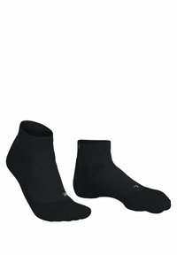 Calcetines negros hasta el tobillo con textura acanalada, refuerzo en el talón y la puntera, diseño sin costuras y estilo bajo, aptos para uso casual o deportivo.