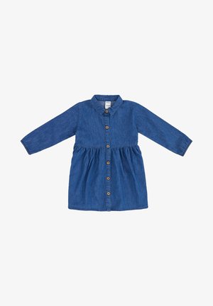 Blå langærmet denimkjole med krave, indsnøring i taljen og brune knapper foran, designet til små børn.