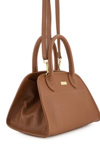 Brown leather handbag with textured surface, curved top, and two short handles. Features gold hardware and a rectangular brand label.