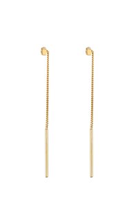 Goldfarbene Tropfhänger mit zwei länglichen Stangenanhängern an zarten Ketten, die ein elegantes und minimalistisches Design präsentieren.
