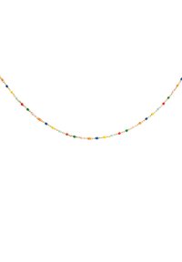 Collar de cuentas coloridas con cuentas redondas y ovaladas en azul, rojo, amarillo, verde y rosa, ensartadas en una delicada cadena de oro.
