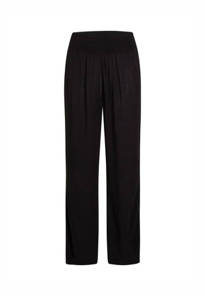 Schwarze, weit geschnittene Hosen aus leichtem Stoff mit einem gerafften Bund. Sie haben eine lockere Passform und eine leichte Textur.