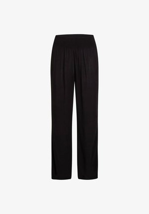 Schwarze, weit geschnittene Hosen aus leichtem Stoff mit einem gerafften Bund. Sie haben eine lockere Passform und eine leichte Textur.