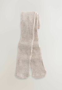 Weiche beige gerippte Wollstrumpfhosen flach auf einem hellen Hintergrund ausgelegt, die die volle Länge und das strukturierte Strickmuster zeigen.