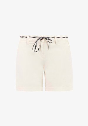 Witte casual shorts met omgeslagen zomen, riemlussen en een zwart-wit gestreepte trekkoordriem gestrikt in een strik in de taille.