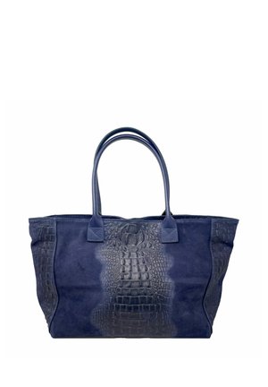 Sac fourre-tout bleu marine en suède avec un motif crocodile embossé, doté de deux poignées plates et d'un design structuré.