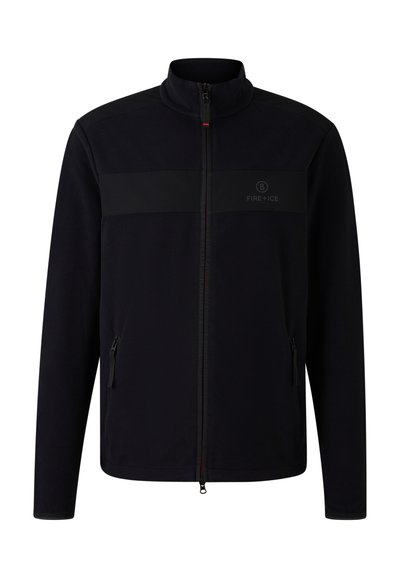 Black fleece jacket with a high collar, front zipper, two side pockets, and a contrasting black stripe across the chest. "FIRE+ICE" logo displayed.