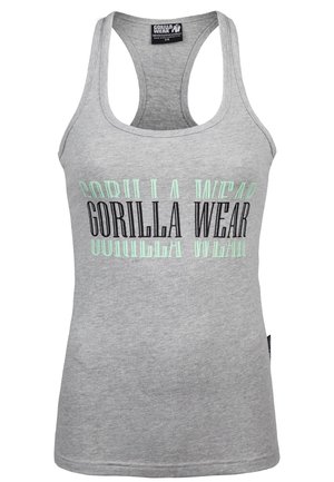 Lichtgrijze tanktop met grote zwarte en mintgroene tekst die "GORILLA WEAR" zegt. Het materiaal lijkt zacht met een normale pasvorm en een ronde halslijn.