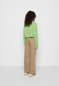 Suéter verde brilhante de mangas longas, combinado com calças largas de cor castanha clara. Textura suave e ajuste descontraído realçado pelo design minimalista.