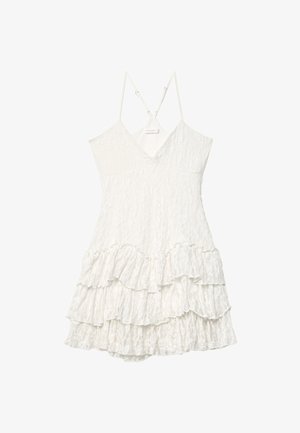 White sleeveless lace dress with V-neck, adjustable thin straps, and layered ruffle skirt detail.
