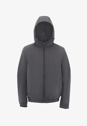 Hoodie in Dunkelgrau, aus leichtem Stoff gefertigt. Verfügt über einen Frontreißverschluss, elastische Bündchen und zwei Seitentaschen. Glatte Textur.