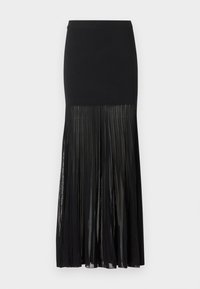 Μαύρη midi φούστα με εφαρμοστή επάνω ζώνη και πιετέ διαφανές κάτω μέρος που εκτείνεται από το μέσο του μηρού μέχρι το τελείωμα.