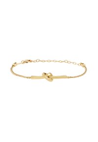 Pulsera de cadena de oro con un detalle de nudo retorcido en el centro, con eslabones ajustables y cierre de langosta.