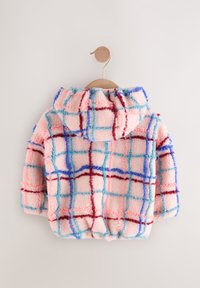 Fleecejakke i lyserød med et ternet mønster i rød, blå og lyseblå. Har hætte samt elastikkant ved kant og ærmer.