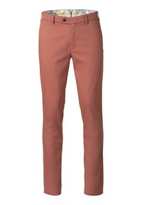 Pantalons slim fit de couleur terracotta avec une texture lisse. Dotés d'une fermeture à bouton classique et d'une doublure de ceinture à motifs.