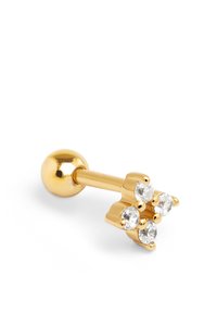 Pendiente de oro con cuatro pequeñas piedras preciosas redondas y transparentes dispuestas en un racimo triangular sobre un fondo blanco.