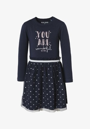 Robe bleu marine à manches longues avec des pois argentés, ornée d'un imprimé "Tu es merveilleux" et d'une jupe à volants avec une taille élastique.