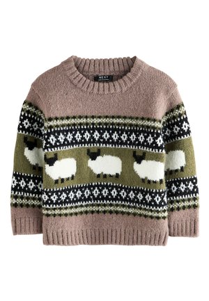 Maglione lavorato a maglia rosa, con motivo di pecore in bianco e nero su bande verdi. Girocollo e polsini a coste con aspetto testurizzato.