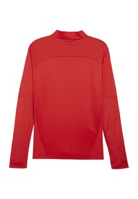 Maglietta sportiva rossa a maniche lunghe con un design testurizzato, colletto alto e un motivo simile a rete nelle aree posteriori e sulle spalle.