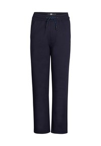 Marineblaue Jogginghosen aus weichem Stoff, mit einem elastischen Bund und Zugkordel, seitlichen Taschen und geradem Bein.