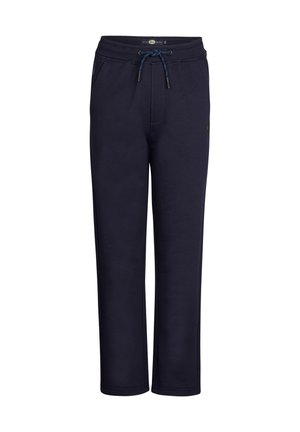 Pantalons de survêtement bleu marine en tissu doux, dotés d'une taille élastique avec cordon de serrage, de poches latérales et d'une coupe droite.