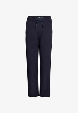 Pantaloni della tuta blu navy realizzati in tessuto morbido, dotati di vita elastica con cordino, tasche laterali e design a gamba dritta.