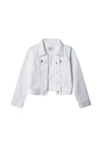 Balta trumpa džinsinė striukė ilgomis rankovėmis, su priekine mygtukų uždarymo sistema ir dviem krūtinės kišenėmis. Krūtinėje yra klasikinis apykaklė ir subtili tekstūra.