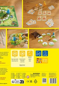Board game packaging featuring a colorful jungle theme. Includes wooden animal figures, cards, dice, and a bag. Primarily green and yellow hues.