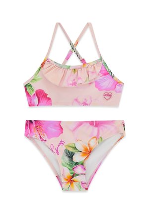 Dwuczęściowy różowy strój kąpielowy w kwiaty, z falbankowym topem i regulowanymi skrzyżowanymi ramiączkami, z tropikalnymi kwiatami i detalami z logo Guess.