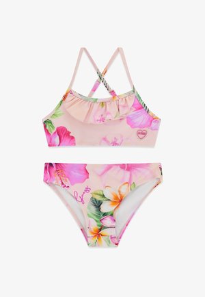 Zweiteiliger rosa Badeanzug mit floralem Muster, mit Rüschentop und verstellbaren, gekreuzten Trägern, mit tropischen Blumen und Guess-Logo-Details.