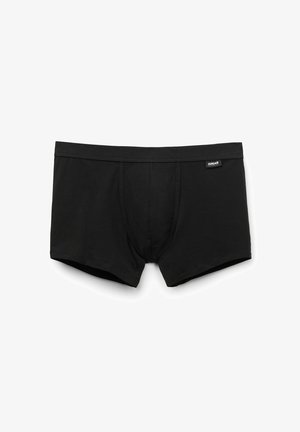 Boxers de algodón negro con un ajuste estructurado, que cuentan con un pouch frontal, una cintura elástica y una pequeña etiqueta de la marca en un lado.