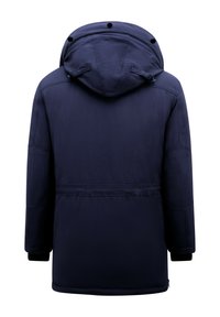 Marineblauwe parka met capuchon, met een gladde textuur, elastische manchetten en een taillekoord. De achterkant heeft minimalistische designdetails.